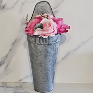 Creative Co-Op Pink Faux Floral in Gray Metal Vase